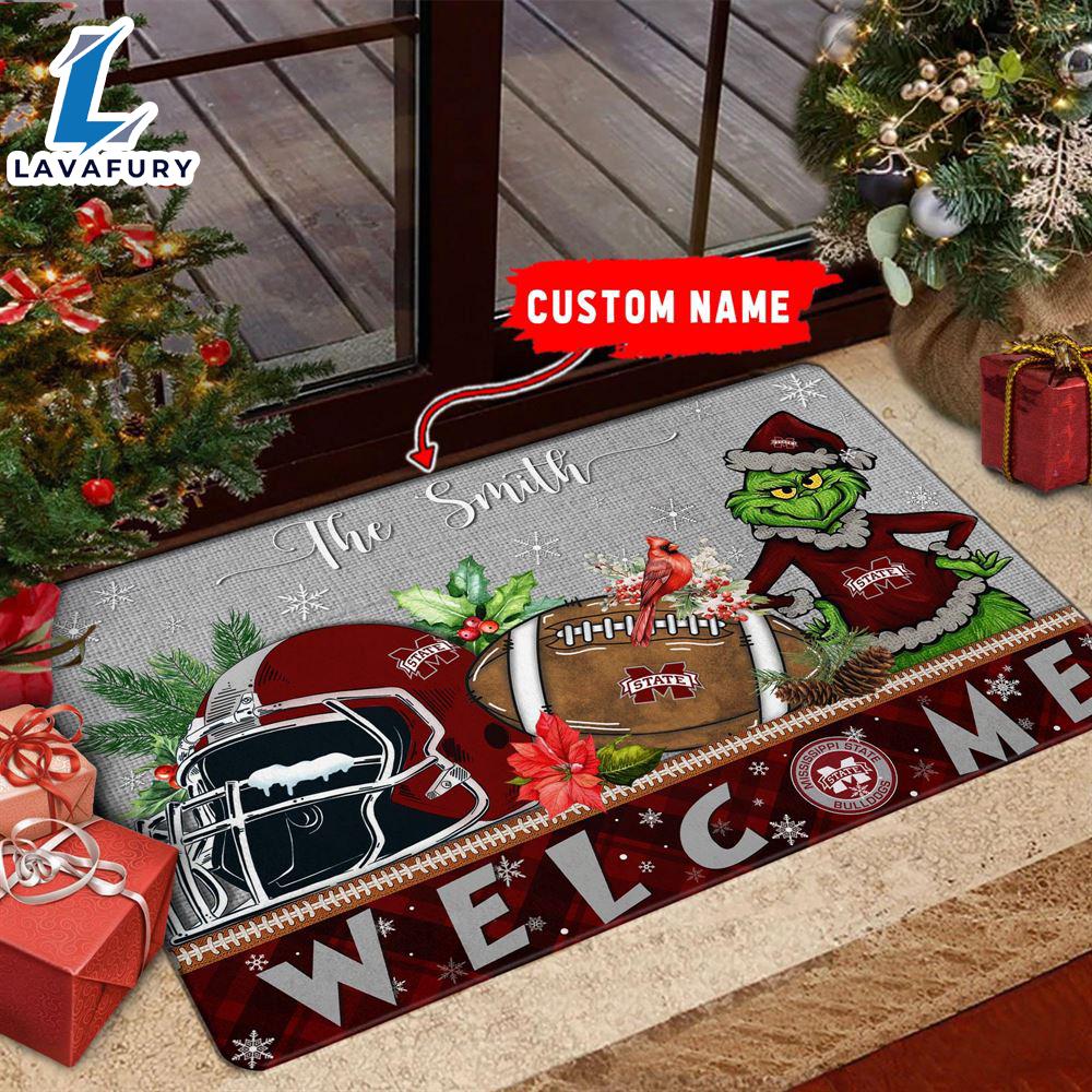 NCAA Mississippi State Bulldogs Grinch Christmas Welcome  Football Doormat - Custom Name Gift Xmas NCAA Mississippi State Bulldogs Grinch Christmas Welcome  Football Doormat - Custom Name Gift Xmas