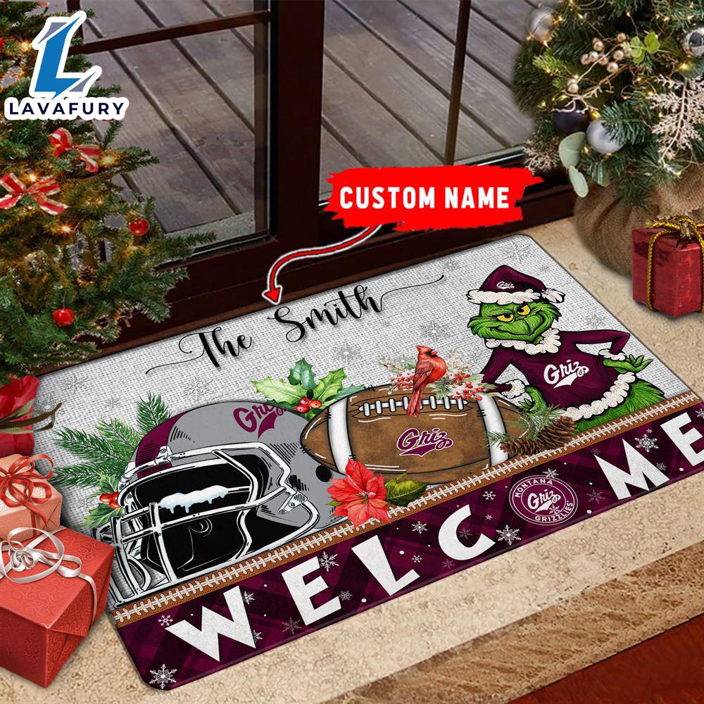 NCAA Montana Grizzlies Grinch Christmas Welcome  Football Doormat - Custom Name Gift Xmas NCAA Montana Grizzlies Grinch Christmas Welcome  Football Doormat - Custom Name Gift Xmas