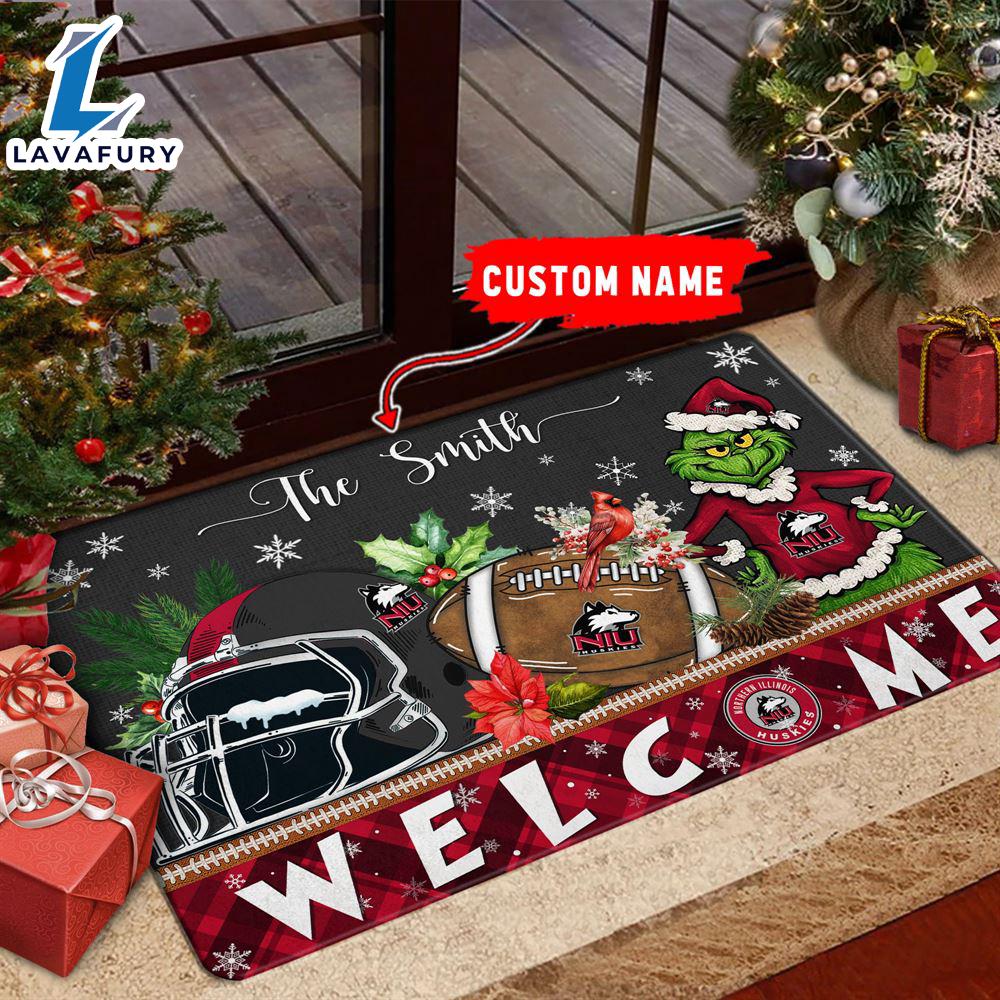 NCAA Northern Illinois Huskies Grinch Christmas Welcome  Football Doormat - Custom Name Gift Xmas NCAA Northern Illinois Huskies Grinch Christmas Welcome  Football Doormat - Custom Name Gift Xmas