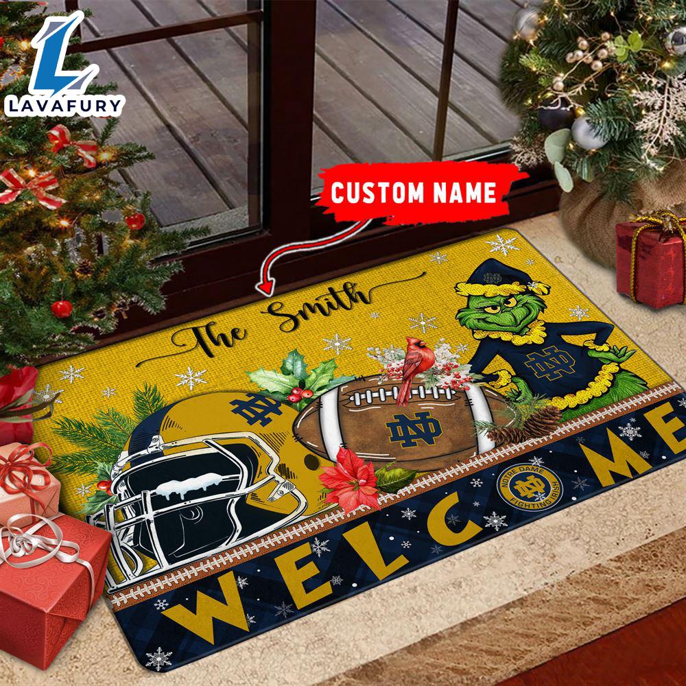 NCAA Notre Dame Fighting Irish Grinch Christmas Welcome  Football Doormat - Custom Name Gift Xmas NCAA Notre Dame Fighting Irish Grinch Christmas Welcome  Football Doormat - Custom Name Gift Xmas