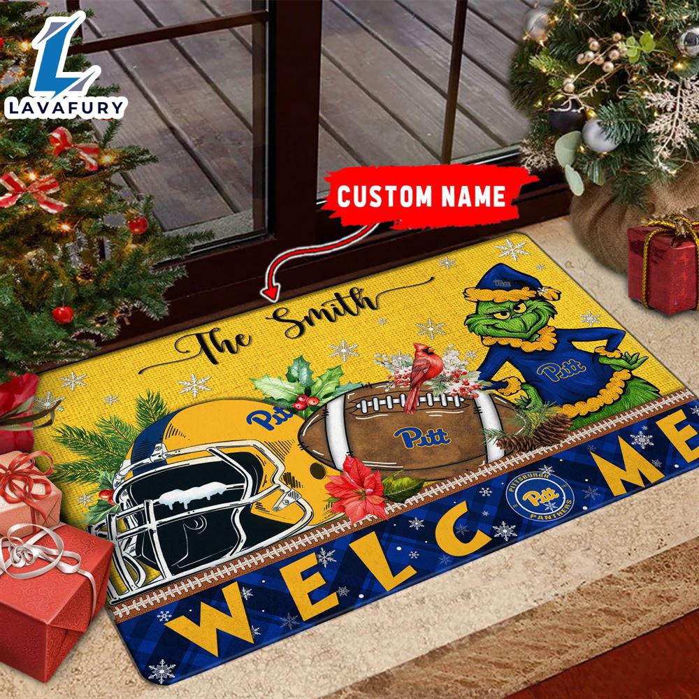 NCAA Pittsburgh Panthers Grinch Christmas Welcome  Football Doormat - Custom Name Gift Xmas NCAA Pittsburgh Panthers Grinch Christmas Welcome  Football Doormat - Custom Name Gift Xmas