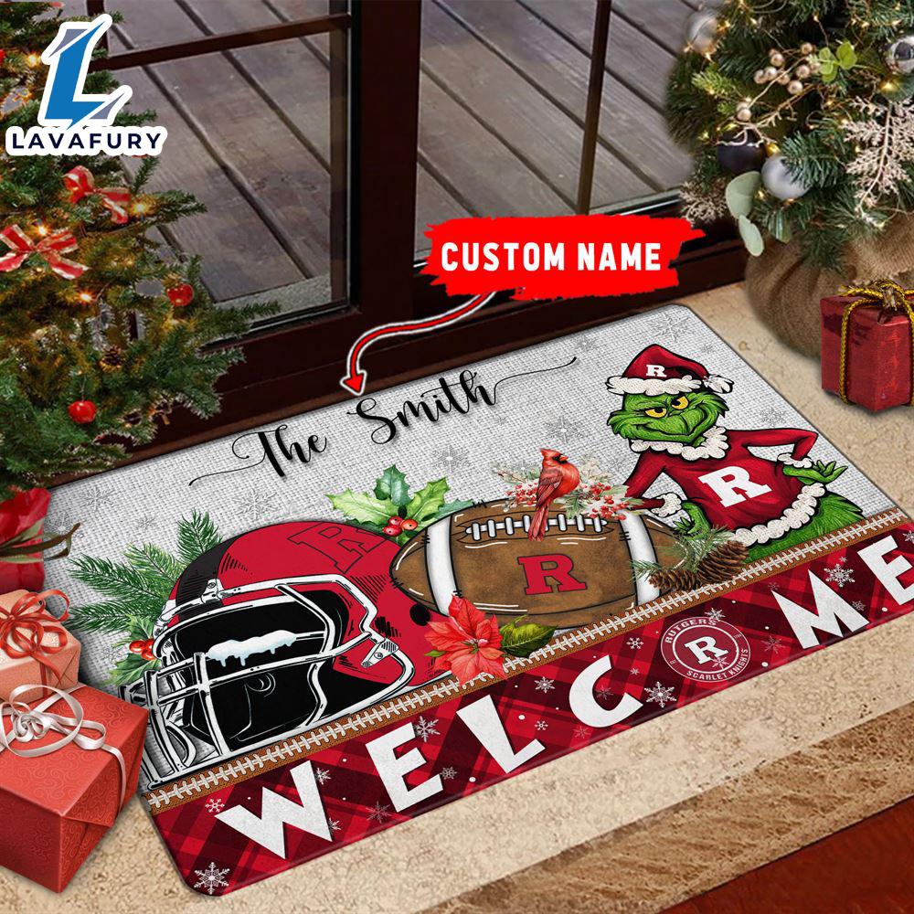 NCAA Rutgers Scarlet Knights Grinch Christmas Welcome  Football Doormat - Custom Name Gift Xmas NCAA Rutgers Scarlet Knights Grinch Christmas Welcome  Football Doormat - Custom Name Gift Xmas