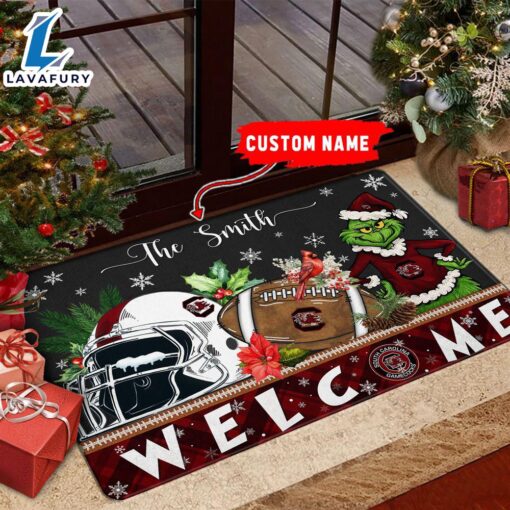 NCAA South Carolina Gamecocks Grinch Christmas Welcome  Football Doormat – Custom Name Gift Xmas