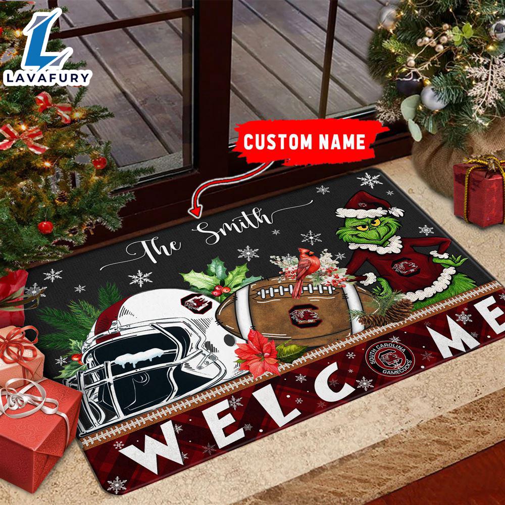 NCAA South Carolina Gamecocks Grinch Christmas Welcome  Football Doormat - Custom Name Gift Xmas NCAA South Carolina Gamecocks Grinch Christmas Welcome  Football Doormat - Custom Name Gift Xmas