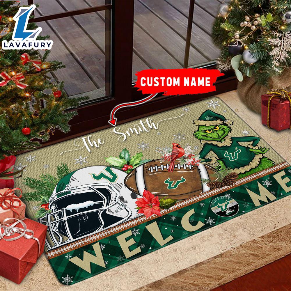 NCAA South Florida Bulls Grinch Christmas Welcome  Football Doormat - Custom Name Gift Xmas NCAA South Florida Bulls Grinch Christmas Welcome  Football Doormat - Custom Name Gift Xmas
