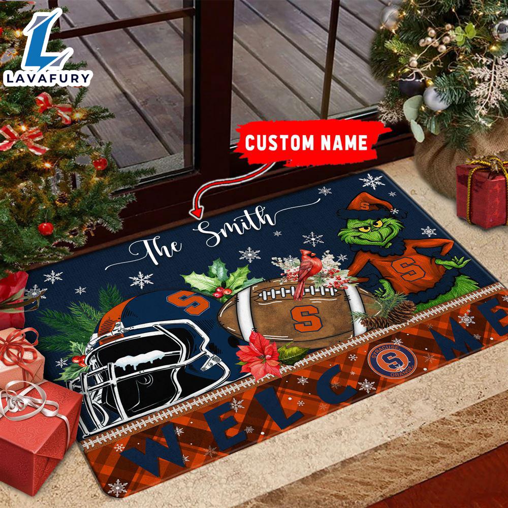 NCAA Syracuse Orange Grinch Christmas Welcome  Football Doormat - Custom Name Gift Xmas NCAA Syracuse Orange Grinch Christmas Welcome  Football Doormat - Custom Name Gift Xmas