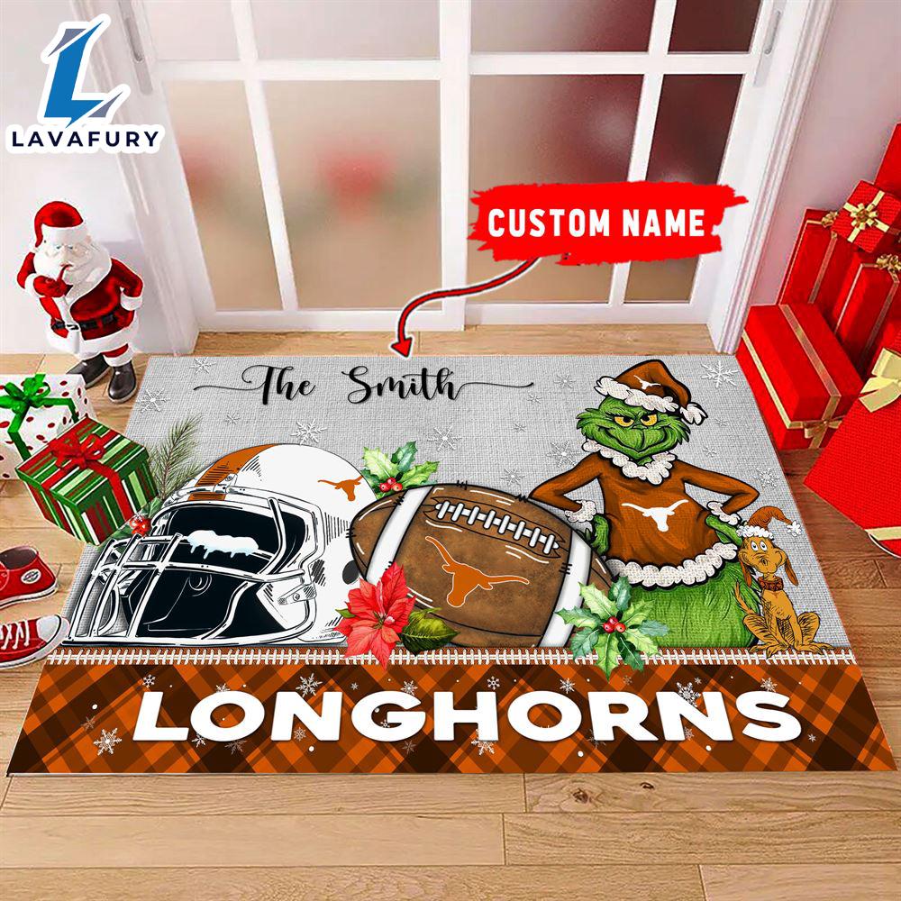 NCAA Texas Longhorns Grinch And Max Christmas Welcome Football Doormat - Custom Name Gift Xmas NCAA Texas Longhorns Grinch And Max Christmas Welcome Football Doormat - Custom Name Gift Xmas