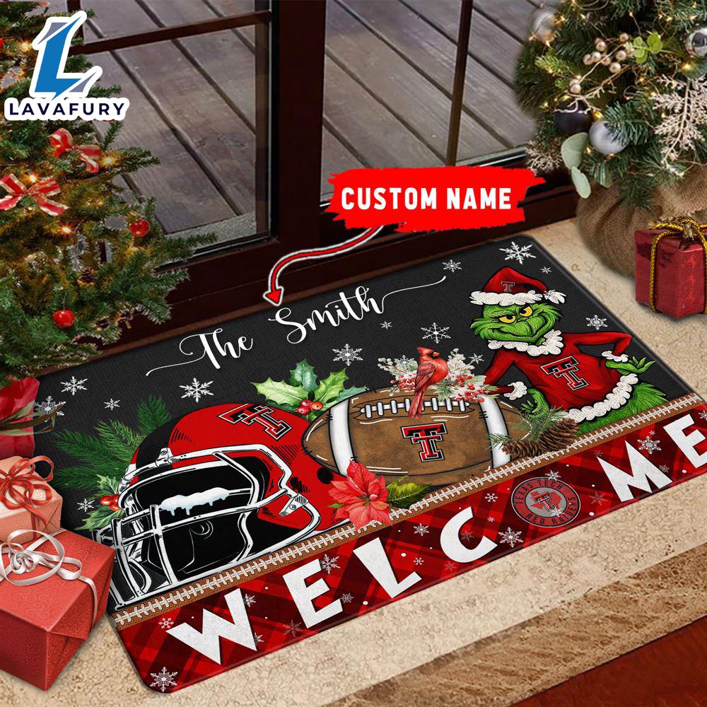 NCAA Texas Tech Red Raiders Grinch Christmas Welcome  Football Doormat - Custom Name Gift Xmas NCAA Texas Tech Red Raiders Grinch Christmas Welcome  Football Doormat - Custom Name Gift Xmas
