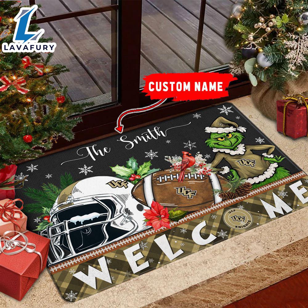 NCAA UCF Knights Grinch Christmas Welcome  Football Doormat - Custom Name Gift Xmas NCAA UCF Knights Grinch Christmas Welcome  Football Doormat - Custom Name Gift Xmas