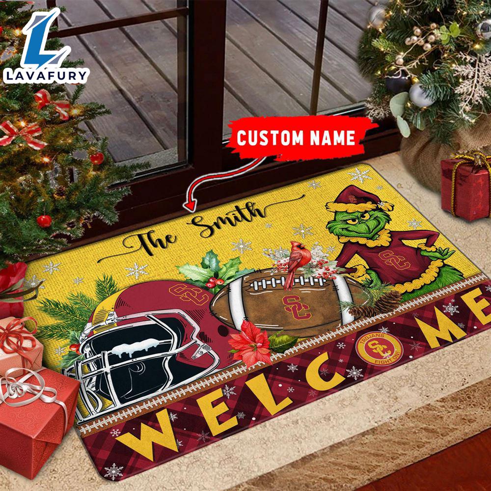 NCAA USC Trojans Grinch Christmas Welcome  Football Doormat - Custom Name Gift Xmas NCAA USC Trojans Grinch Christmas Welcome  Football Doormat - Custom Name Gift Xmas