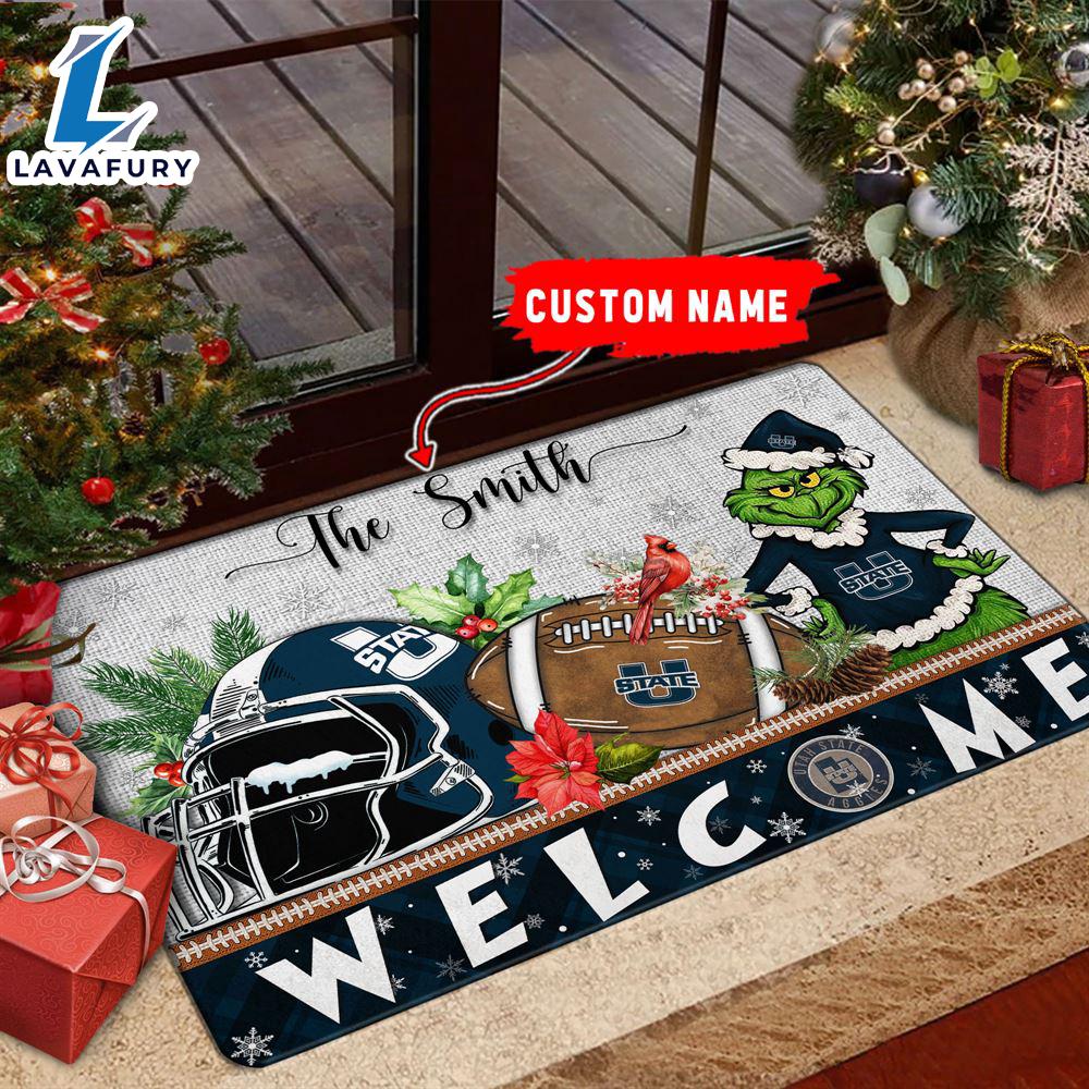 NCAA Utah State Aggies Grinch Christmas Welcome  Football Doormat - Custom Name Gift Xmas NCAA Utah State Aggies Grinch Christmas Welcome  Football Doormat - Custom Name Gift Xmas