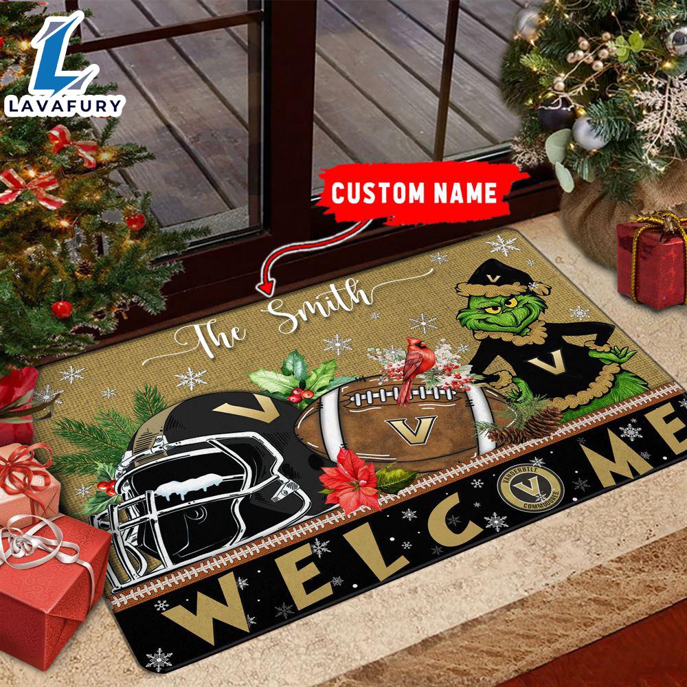 NCAA Vanderbilt Commodores Grinch Christmas Welcome  Football Doormat - Custom Name Gift Xmas NCAA Vanderbilt Commodores Grinch Christmas Welcome  Football Doormat - Custom Name Gift Xmas