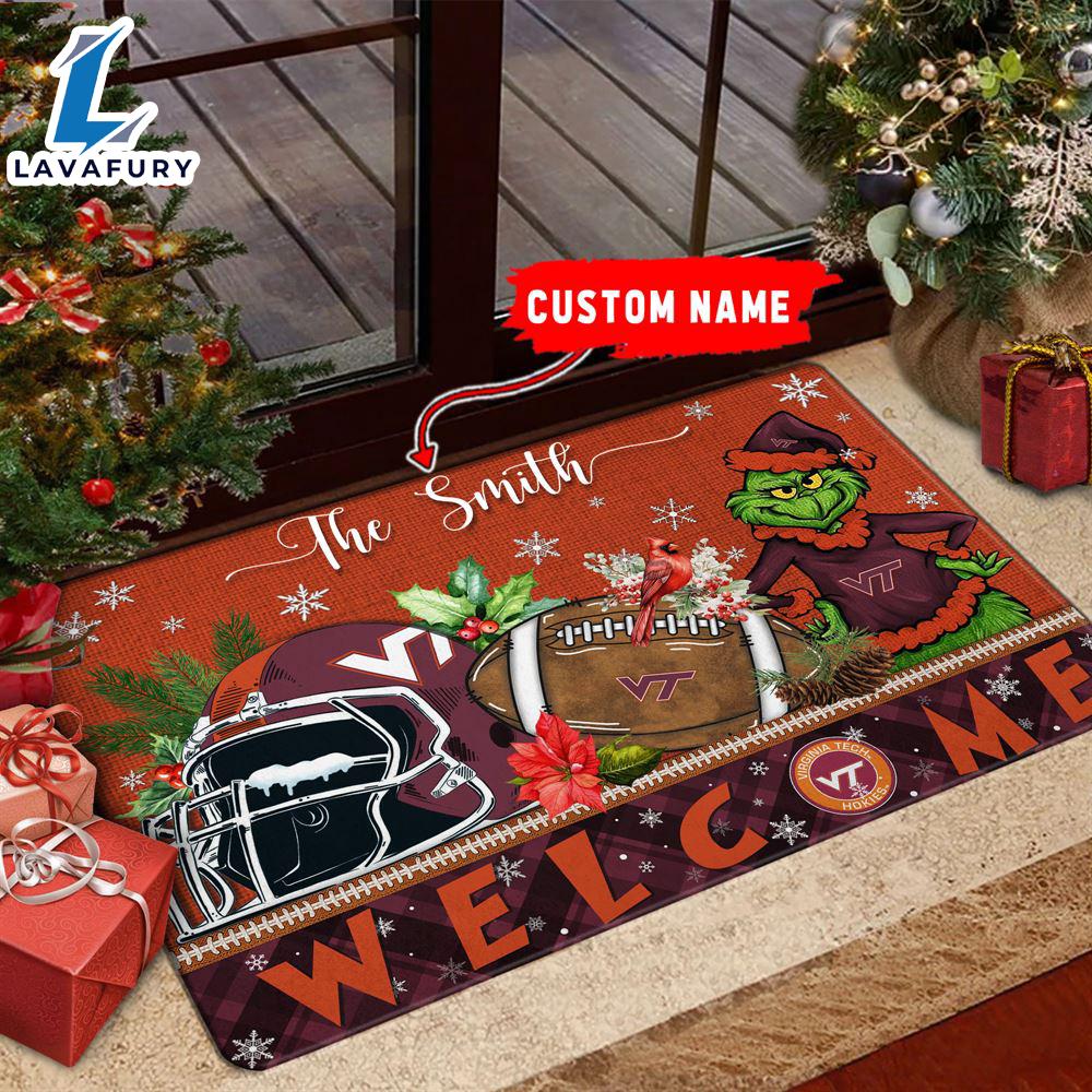 NCAA Virginia Tech Hokies Grinch Christmas Welcome  Football Doormat - Custom Name Gift Xmas NCAA Virginia Tech Hokies Grinch Christmas Welcome  Football Doormat - Custom Name Gift Xmas