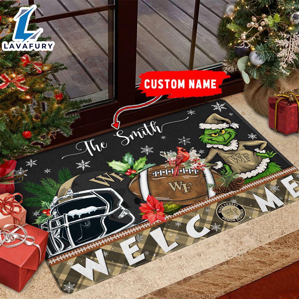 NCAA Wake Forest Demon Deacons Grinch Christmas Welcome  Football Doormat - Custom Name Gift Xmas NCAA Wake Forest Demon Deacons Grinch Christmas Welcome  Football Doormat - Custom Name Gift Xmas