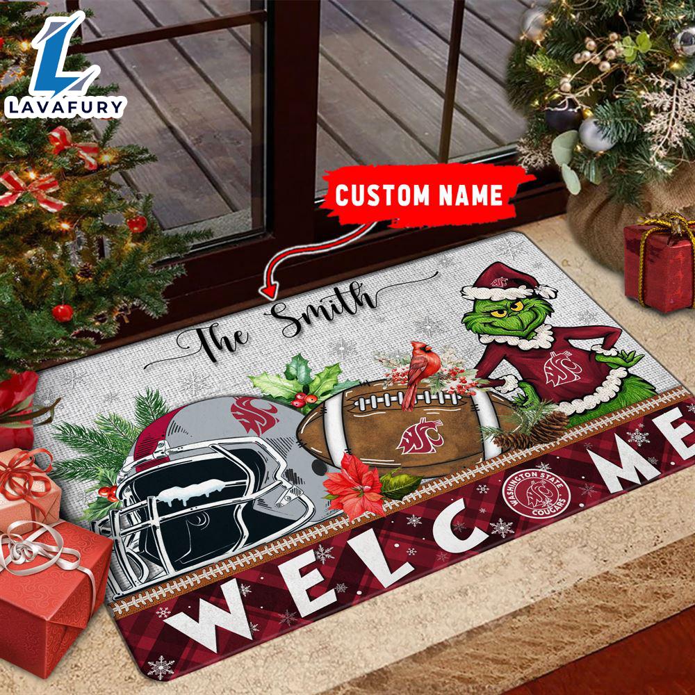 NCAA Washington State Cougars Grinch Christmas Welcome  Football Doormat - Custom Name Gift Xmas NCAA Washington State Cougars Grinch Christmas Welcome  Football Doormat - Custom Name Gift Xmas