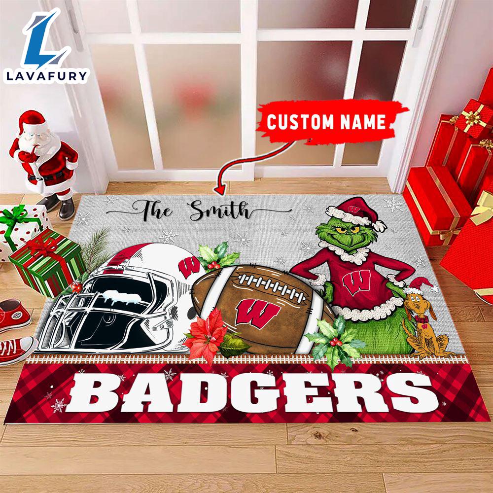 NCAA Wisconsin Badgers Grinch And Max Christmas Welcome Football Doormat - Custom Name Gift Xmas NCAA Wisconsin Badgers Grinch And Max Christmas Welcome Football Doormat - Custom Name Gift Xmas