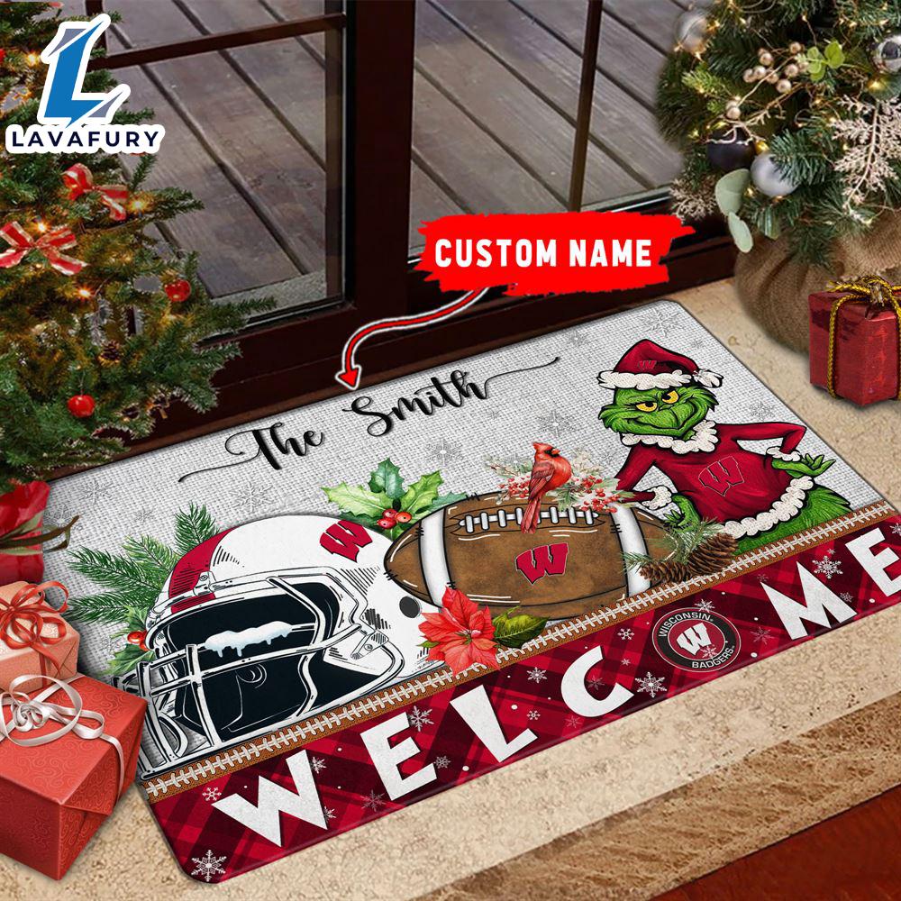 NCAA Wisconsin Badgers Grinch Christmas Welcome  Football Doormat - Custom Name Gift Xmas NCAA Wisconsin Badgers Grinch Christmas Welcome  Football Doormat - Custom Name Gift Xmas