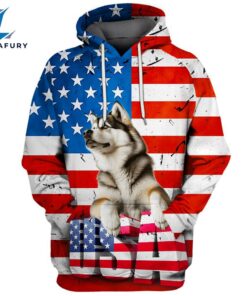 Alaskan Malamute Dog 3D Face Graphic Premium America Flag Hoodie