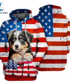 Australian Shepherd Dog 2 3D Face Graphic Premium America Flag Hoodie