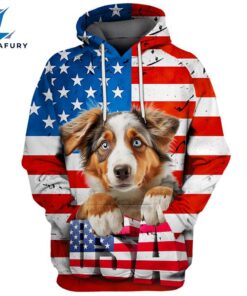 Australian Shepherd Dog 3 3D Face Graphic Premium America Flag Hoodie