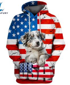 Australian Shepherd Dog 4 3D Face Graphic Premium America Flag Hoodie