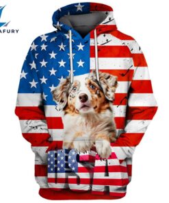 Australian Shepherd Dog 5 3D Face Graphic Premium America Flag Hoodie