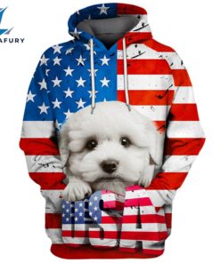 Bichon Frise Dog 3D Face Graphic Premium America Flag Hoodie