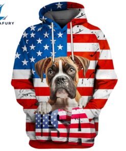 Boxer Dog 4 3D Face Graphic Premium America Flag Hoodie
