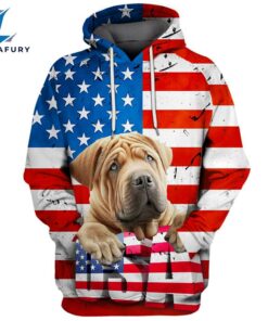 Chinese Shar-Pei Dog 3D Face Graphic Premium America Flag Hoodie