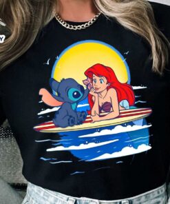 Cute Disney Stitch and Ariel T-Shirt Little Mermaid Princess Tee Disneyland WDW Family Outfits