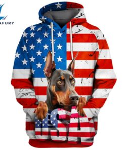 Doberman Pinscher Dog 3D Face Graphic Premium America Flag Hoodie