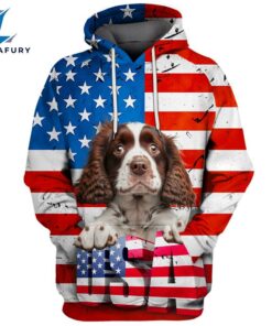 English Springer Spaniel Dog 3D Face Graphic Premium America Flag Hoodie