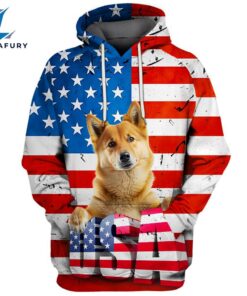 Finnish Spitz Dog 3D Face Graphic Premium America Flag Hoodie