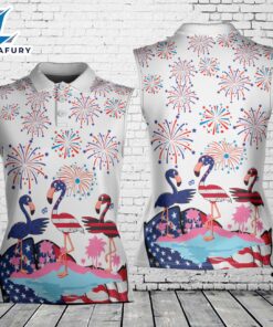 Flamingo Fireworks Bang 4th Of July Patriotic American Flag Women's Sleeveless Athleisure Polo Shirt