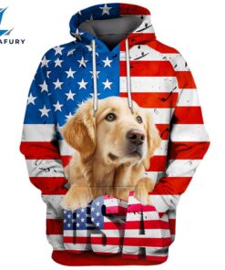 Golden Retriever Dog 2 3D Face Graphic Premium America Flag Hoodie