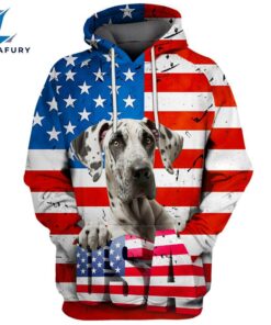 Great Dane Dog 3 3D Face Graphic Premium America Flag Hoodie