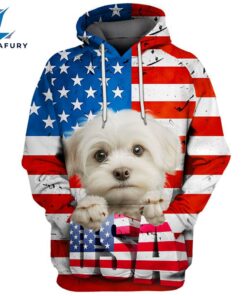 Maltese Dog 3D Face Graphic Premium America Flag Hoodie