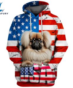 Pekingese Dog 3D Face Graphic Premium America Flag Hoodie