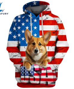 Pembroke Welsh Corgi Dog 2 3D Face Graphic Premium America Flag Hoodie
