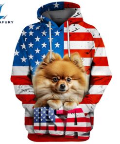 Pomeranian Dog 3D Face Graphic Premium America Flag Hoodie