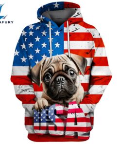 Pug Dog 2 3D Face Graphic Premium America Flag Hoodie