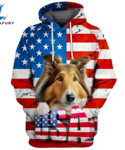 Rough Collie Dog 3D Face Graphic Premium America Flag Hoodie