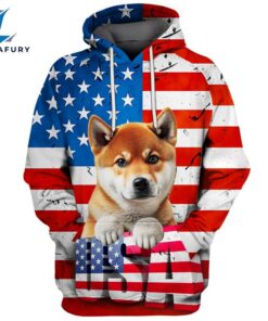 Shiba Inu Dog 3D Face Graphic Premium America Flag Hoodie