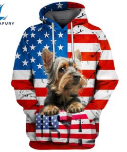 Silky Terrier Dog 3D Face Graphic Premium America Flag Hoodie