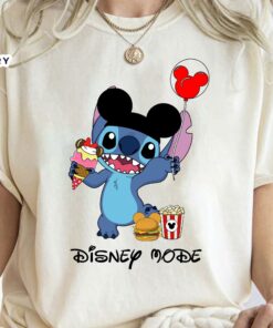 Stitch With Mickey Ear Balloon Eat Ice Cream Disney Mode Funny T-Shirt