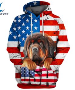 Tibetan Mastiff Dog 3D Face Graphic Premium America Flag Hoodie