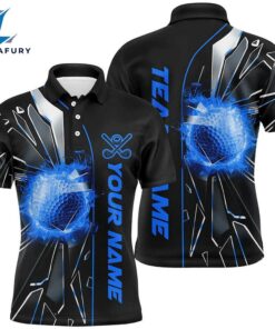 Black And Blue Fire Golf Ball Broken Glass Custom Mens Golf Polo Shirts