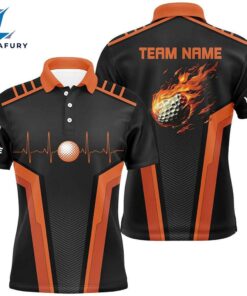 Black And Orange Mens Golf Polo Shirt Custom Flame Golf Ball Team Golf Tops
