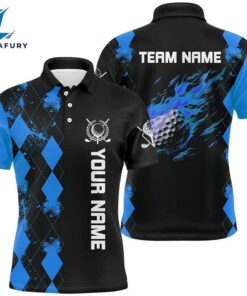 Black Mens Golf Polo Shirts Custom Blue Argyle Pattern Flame Golf Ball Golf Tops