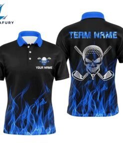 Black Mens Golf Polo Shirts Custom Blue Flame Skull Golf Clubs